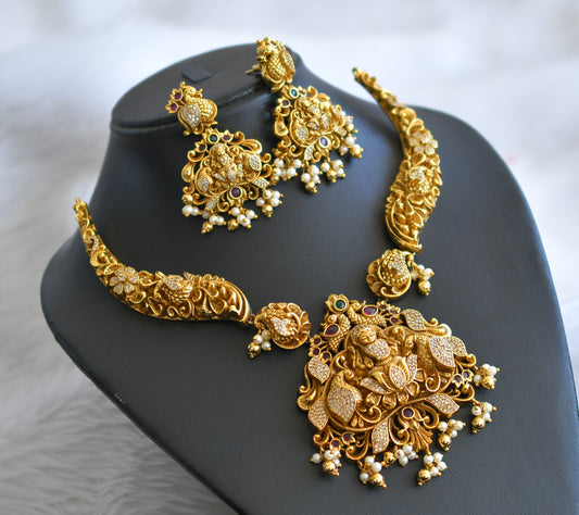 Antique gold tone real kemp-green-white pearl cluster lakshmi peacock necklace set dj-44867