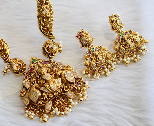 Antique gold tone real kemp-green-white pearl cluster lakshmi peacock kante necklace set dj-44867