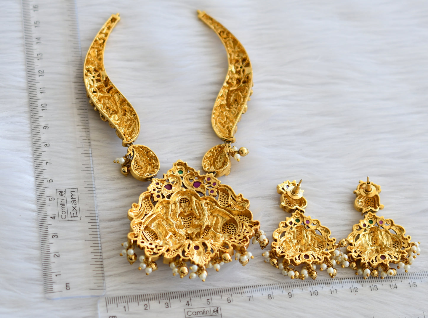 Antique gold tone real kemp-green-white pearl cluster lakshmi peacock kante necklace set dj-44867