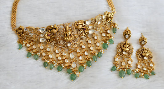 Antique gold tone cz white green beaded lakshmi peacock moissainite choker set dj-50244