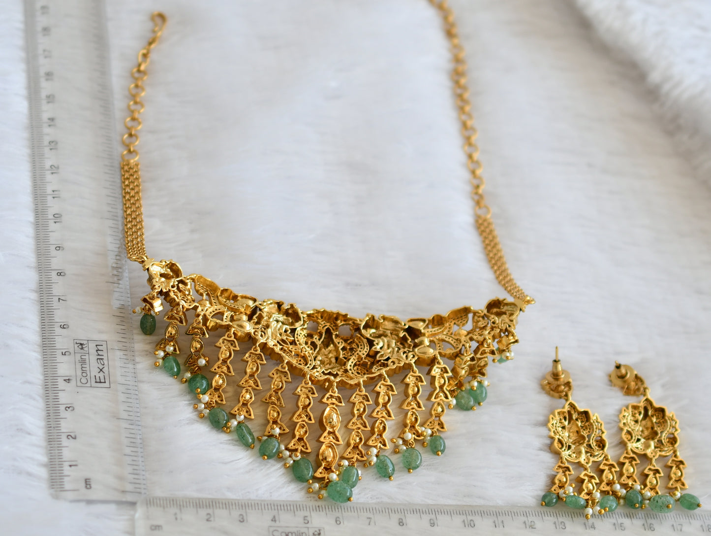Antique gold tone cz white green beaded lakshmi peacock moissainite choker set dj-50244
