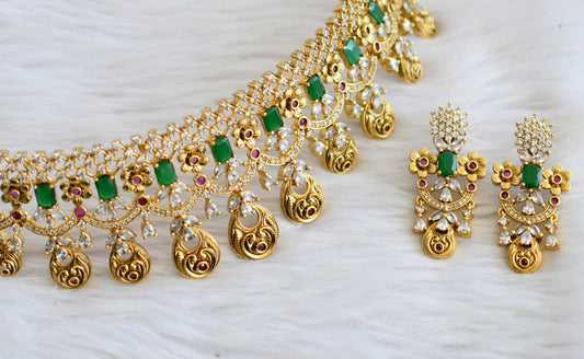 Antique gold tone ruby-green-white flower choker set dj-44870