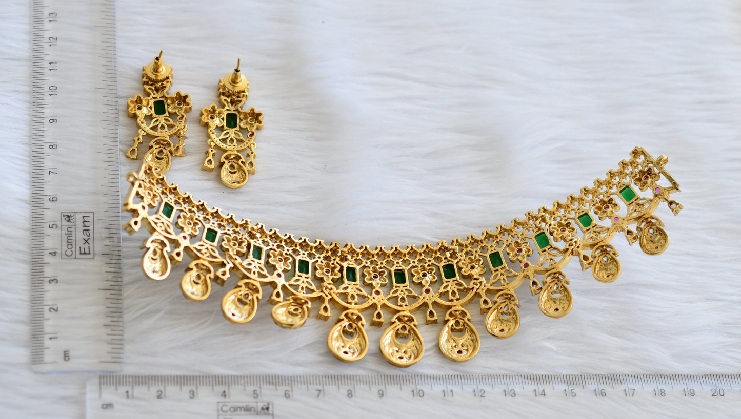 Antique gold tone ruby-green-white flower choker set dj-44870