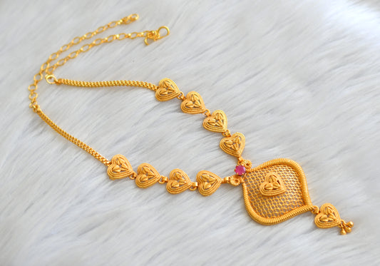Matte gold tone kerala style ruby heart necklace dj-43337