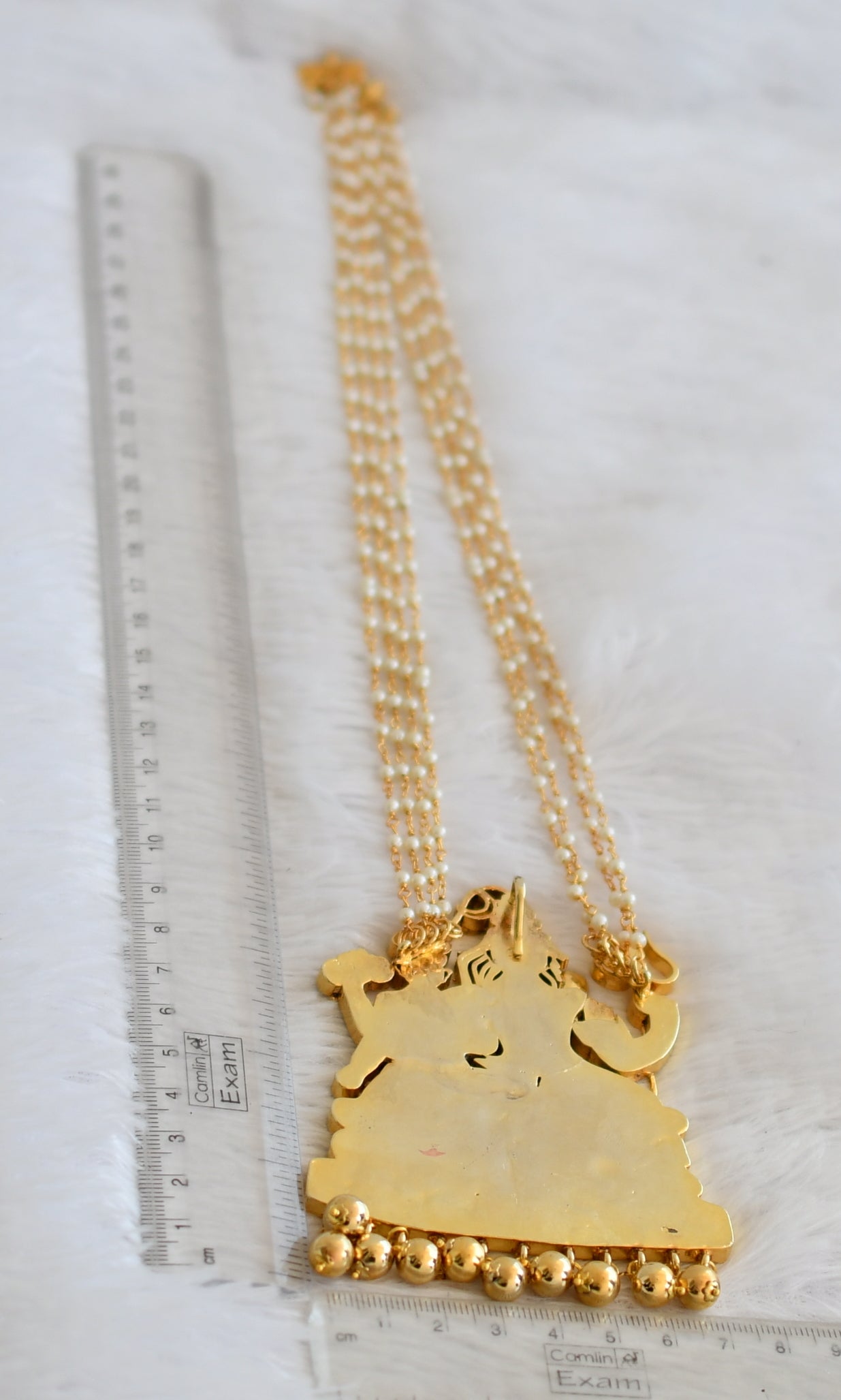 Gold tone pink-green-white-blue kundan jadau shiva-parvathi pendant with pearl chain dj-50268