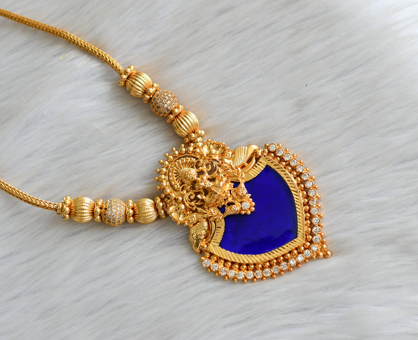 Gold tone white stone blue palakka Lakshmi Kerala style kodi necklace dj-42085