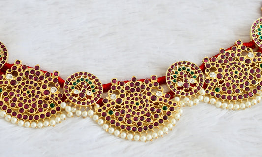 Gold tone precious kemp-green-white pearl bead peacock waist band dj-50278