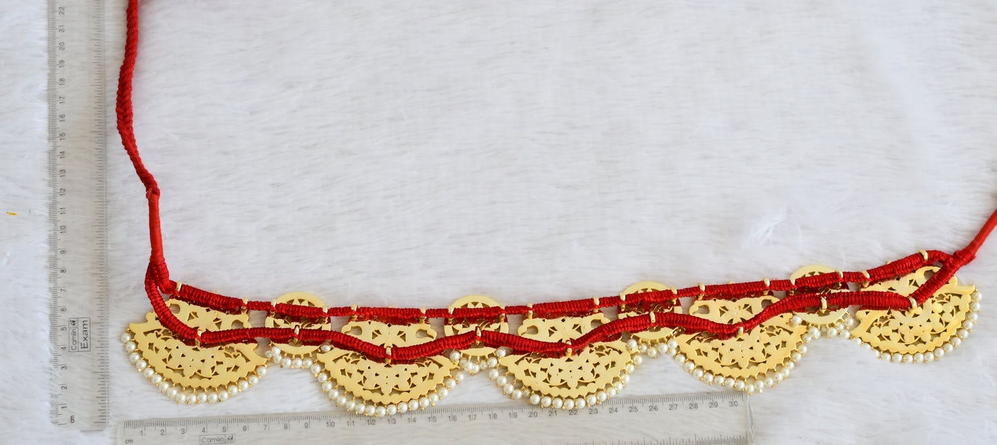 Gold tone precious kemp-green-white pearl bead peacock waist band dj-50278