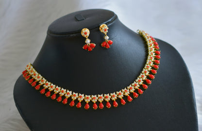 Gold tone coral-pearl stone flower necklace set dj-44888