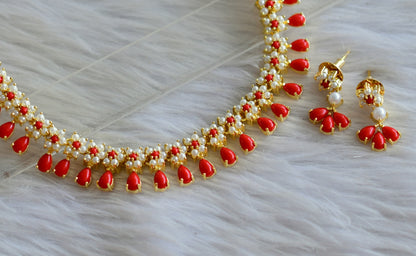 Gold tone coral-pearl stone flower necklace set dj-44888