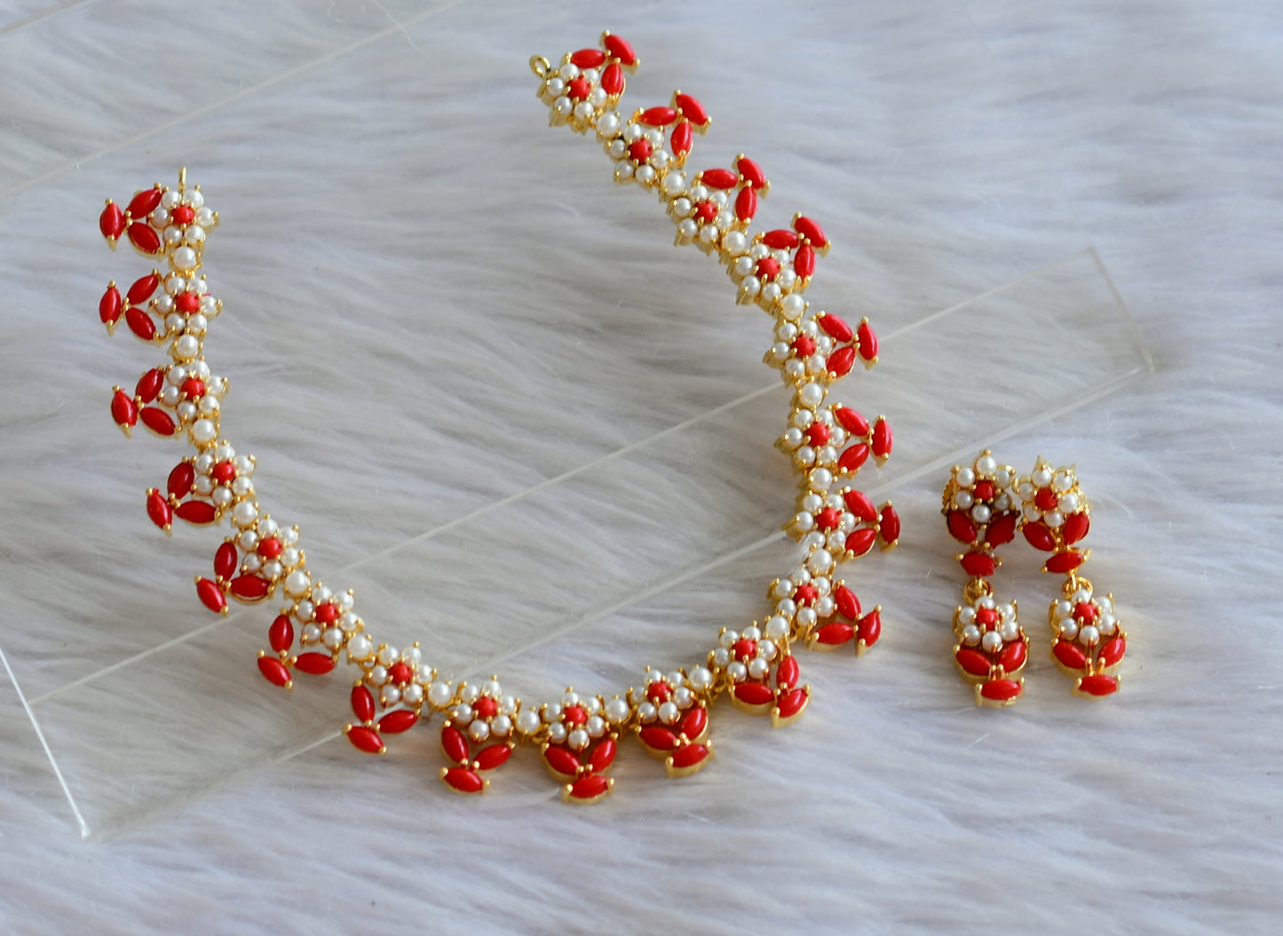 Gold tone coral-pearl stone flower necklace set dj-44887