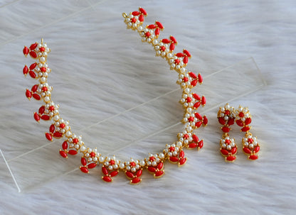 Gold tone coral-pearl stone flower necklace set dj-44887