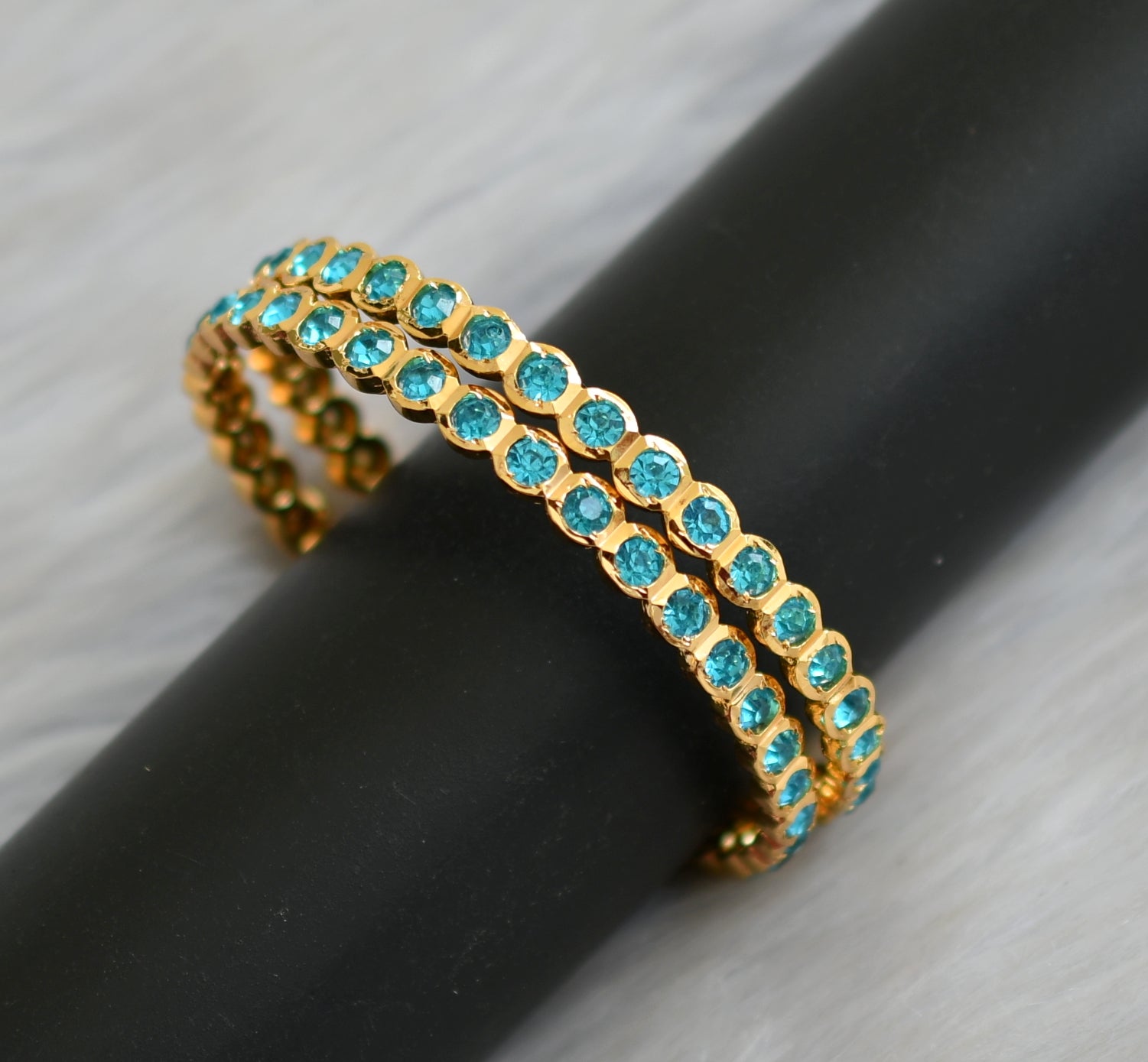 Gold tone sky blue stone south Indian style bangles dj-42109