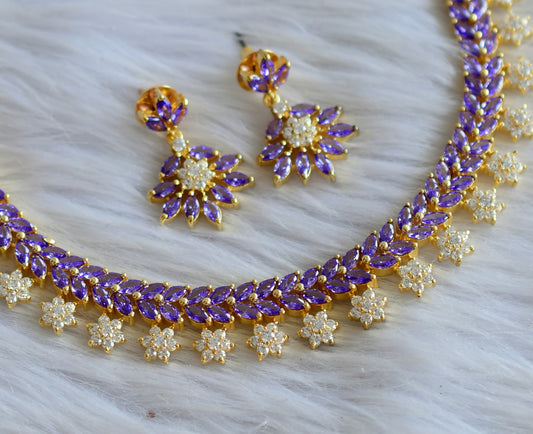 Gold tone ad purple-white stone flower necklace set dj-44883