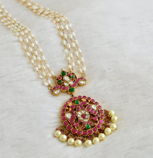 Gold tone pink-green-white kundan jadau ganda berunda rice pearl haar dj-50270