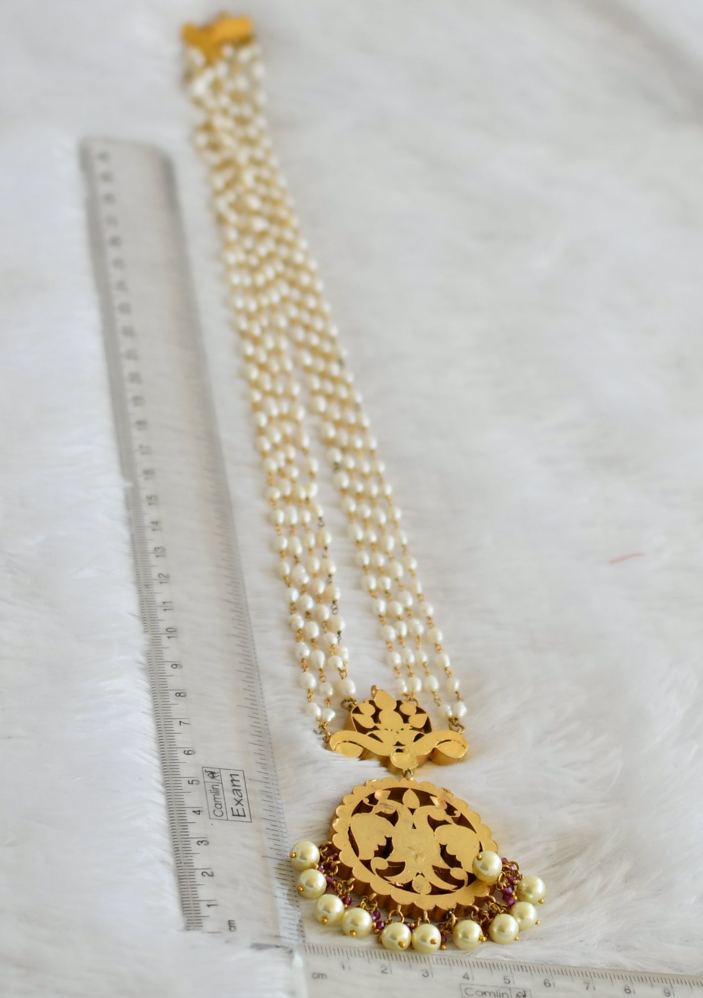 Gold tone pink-green-white kundan jadau ganda berunda rice pearl haar dj-50270