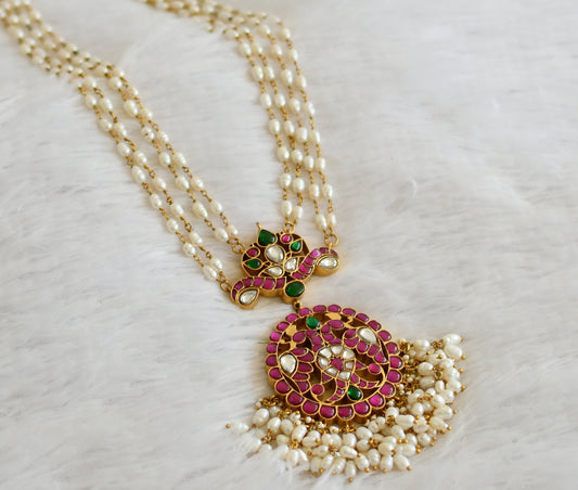 Gold tone pink-green-white kundan jadau ganda berunda rice pearl haar dj-50271