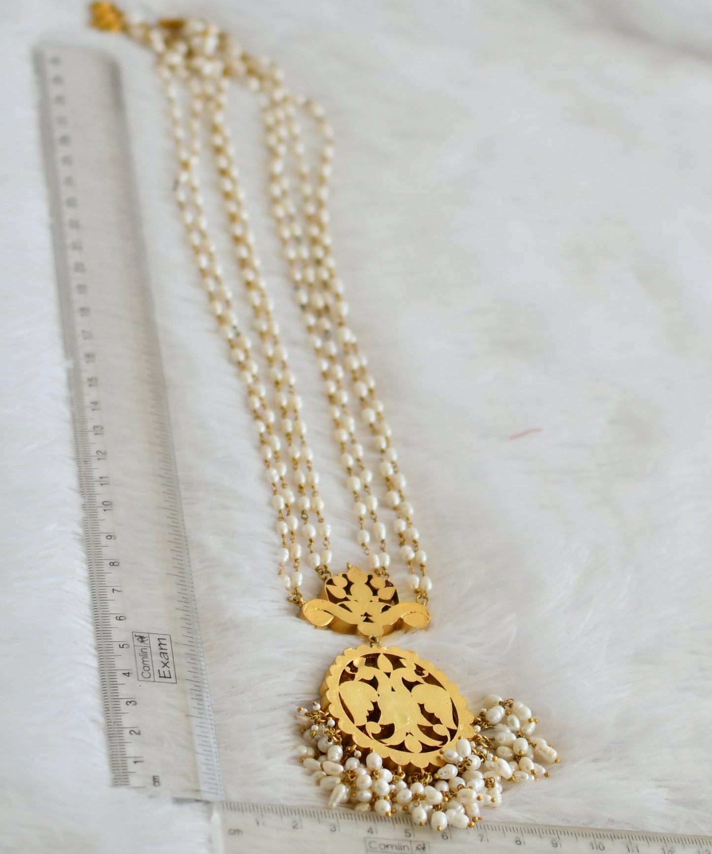 Gold tone pink-green-white kundan jadau ganda berunda rice pearl haar dj-50271