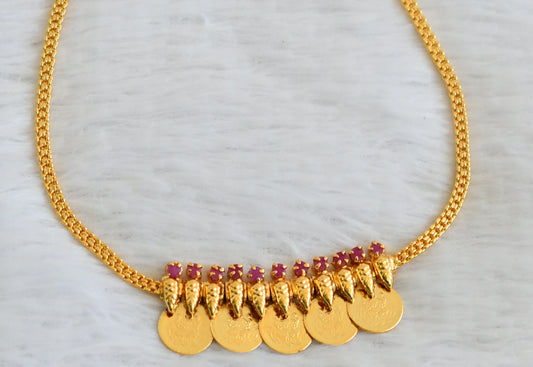 Gold tone kerala style ruby stone lakshmi coin necklace dj-50291