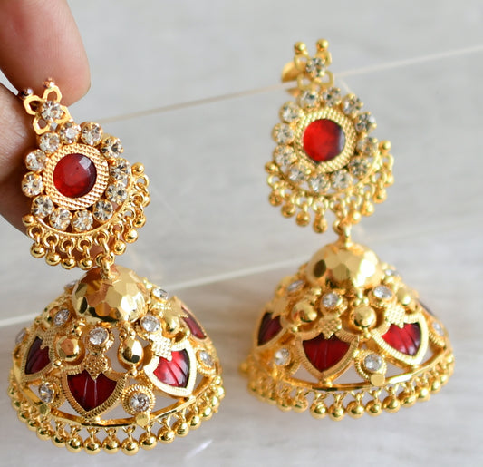 Gold tone kerala style red-white palakka big jhumkka dj-48304