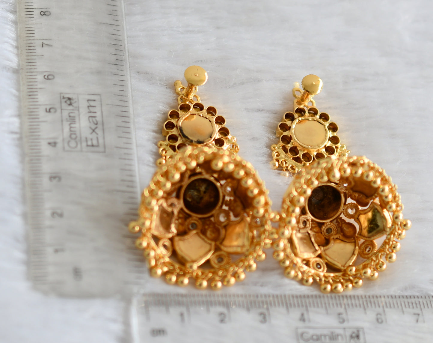 Gold tone kerala style red-white palakka big jhumkka dj-48304