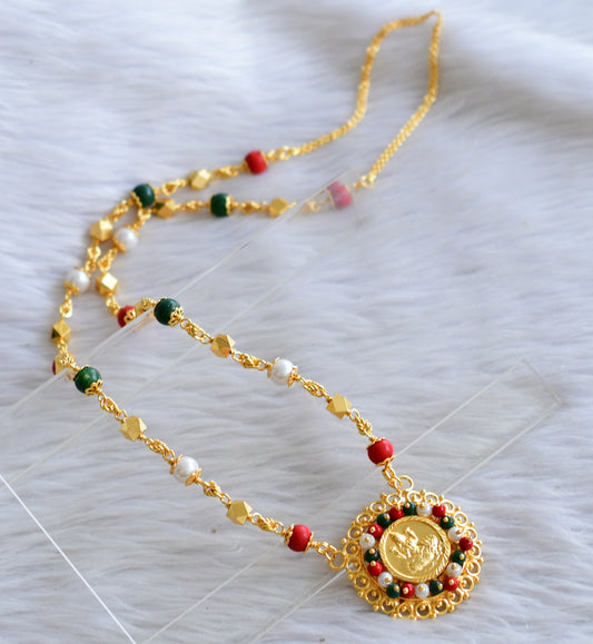Gold tone 30 inches coral-pearl-green beaded chain with lakshmi round pendant dj-44891