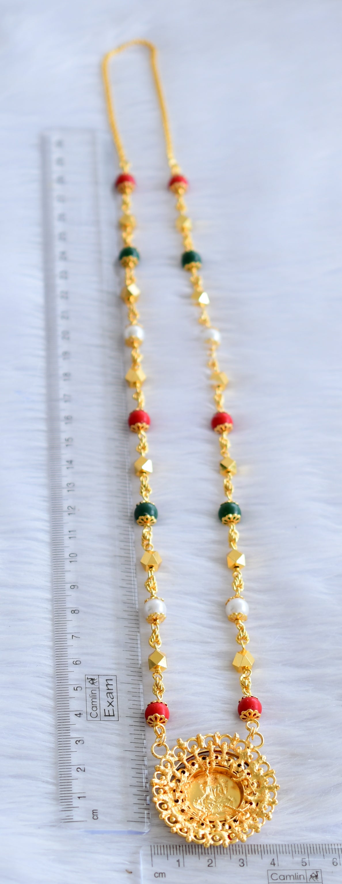 Gold tone 30 inches coral-pearl-green beaded chain with lakshmi round pendant dj-44891