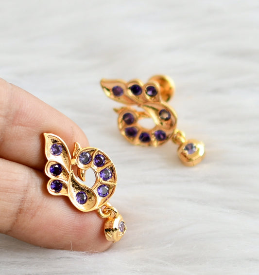 Gold tone ad purple stone peacock earrings dj-44903