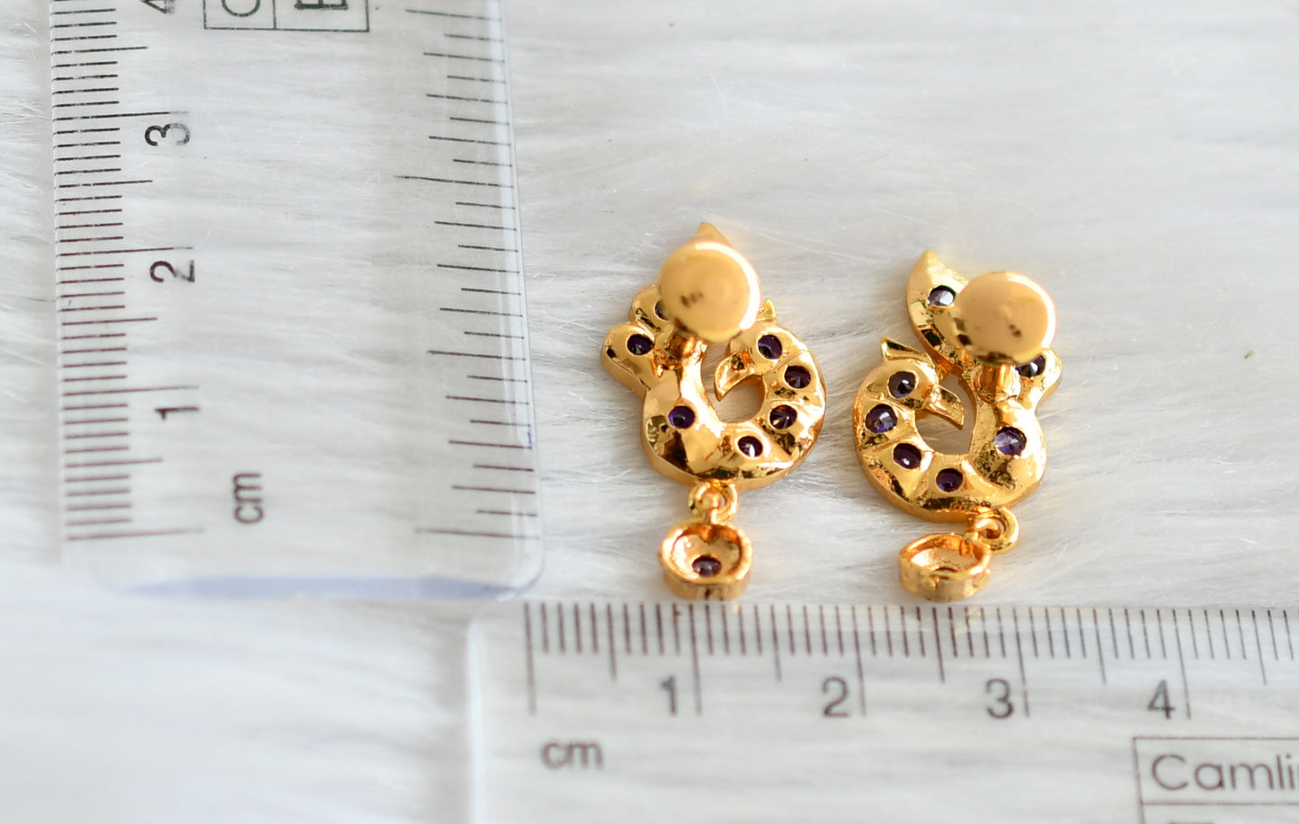 Gold tone ad purple stone peacock earrings dj-44903