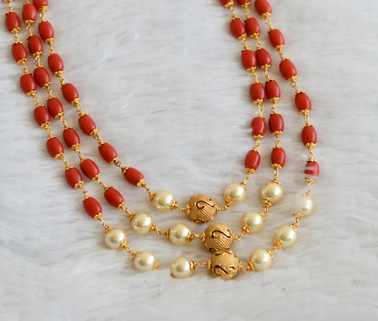 Gold tone coral-pearl beaded multi layer mala dj-48342