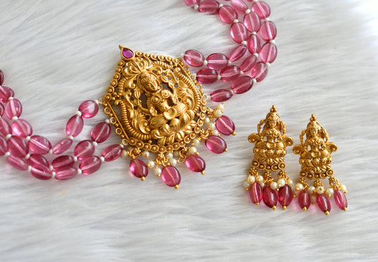 Matte finish pink beaded lakshmi choker necklace set dj-43370