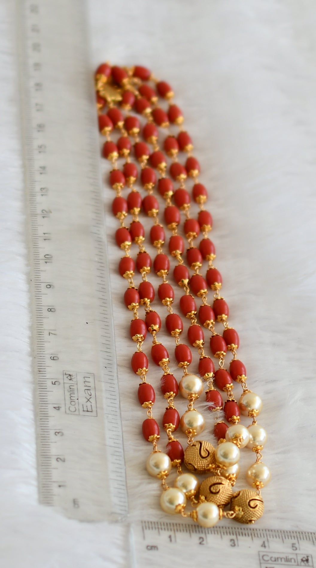 Gold tone coral-pearl beaded multi layer mala dj-48342