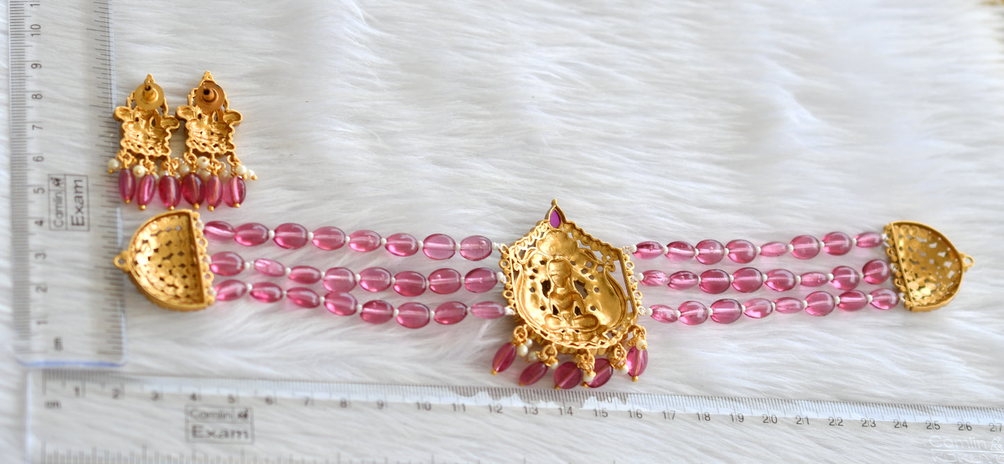 Matte finish pink beaded lakshmi choker necklace set dj-43370