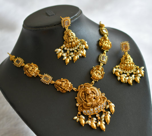 Antique gold tone cz white block stone lakshmi necklace set dj-46610