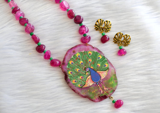 Hand painted peacock sliced agate pendant with pink onyx beads necklace set dj-43386