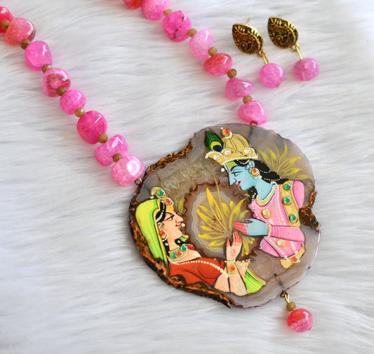 Hand painted radha-krishna sliced agate pendant with pink onyx beads necklace set dj-43380
