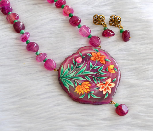 Hand painted flower sliced agate pendant with pink onyx beads necklace set dj-43399