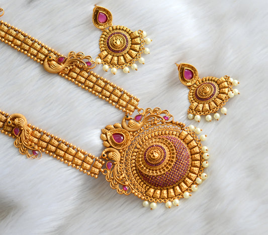 Matte finish ruby- pearl peacock round pendant haar set dj-11321