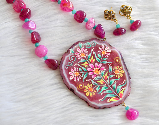 Hand painted flower sliced agate pendant with pink onyx beads necklace set dj-43400