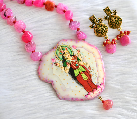 Hand painted lakshmi sliced agate pendant with pink onyx beads necklace set dj-43392
