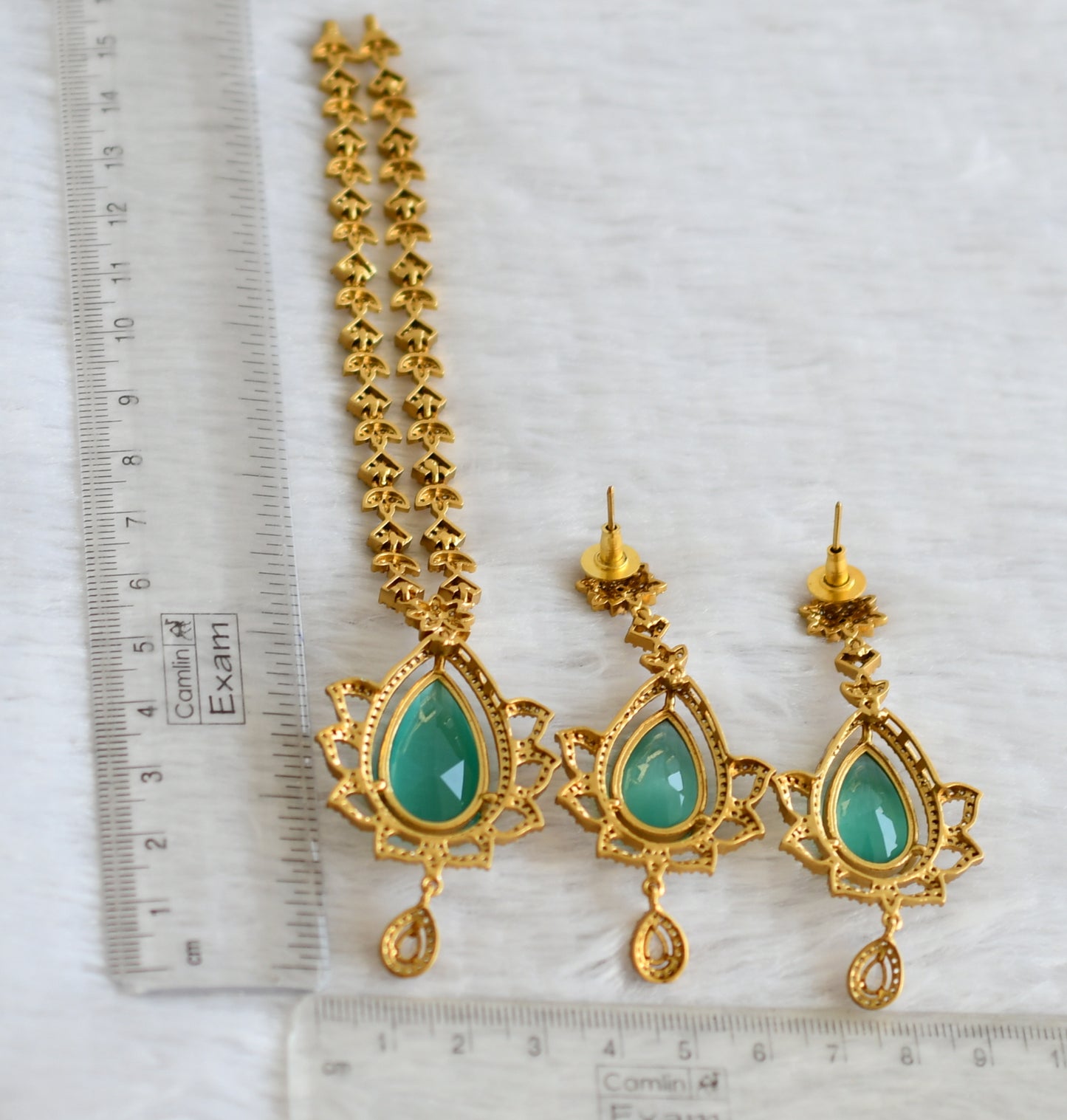 Matte finish cz-sea green thilak stone necklace set dj-48333