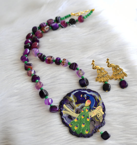 Hand painted peacock sliced agate pendant with purple onyx beads necklace set dj-43389
