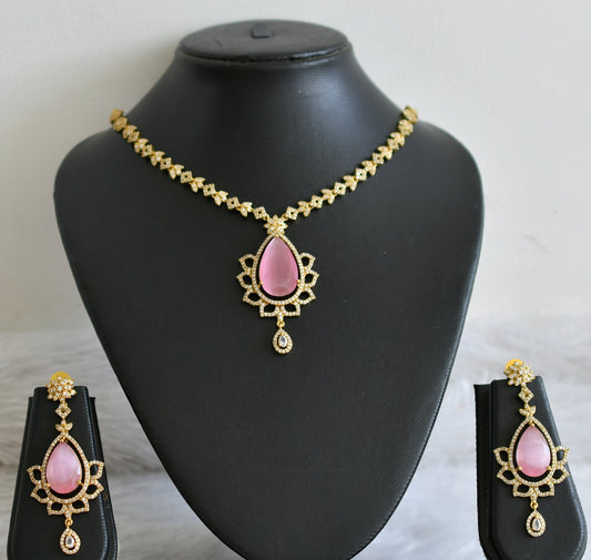 Matte finish cz-baby pink thilak stone necklace set dj-48331