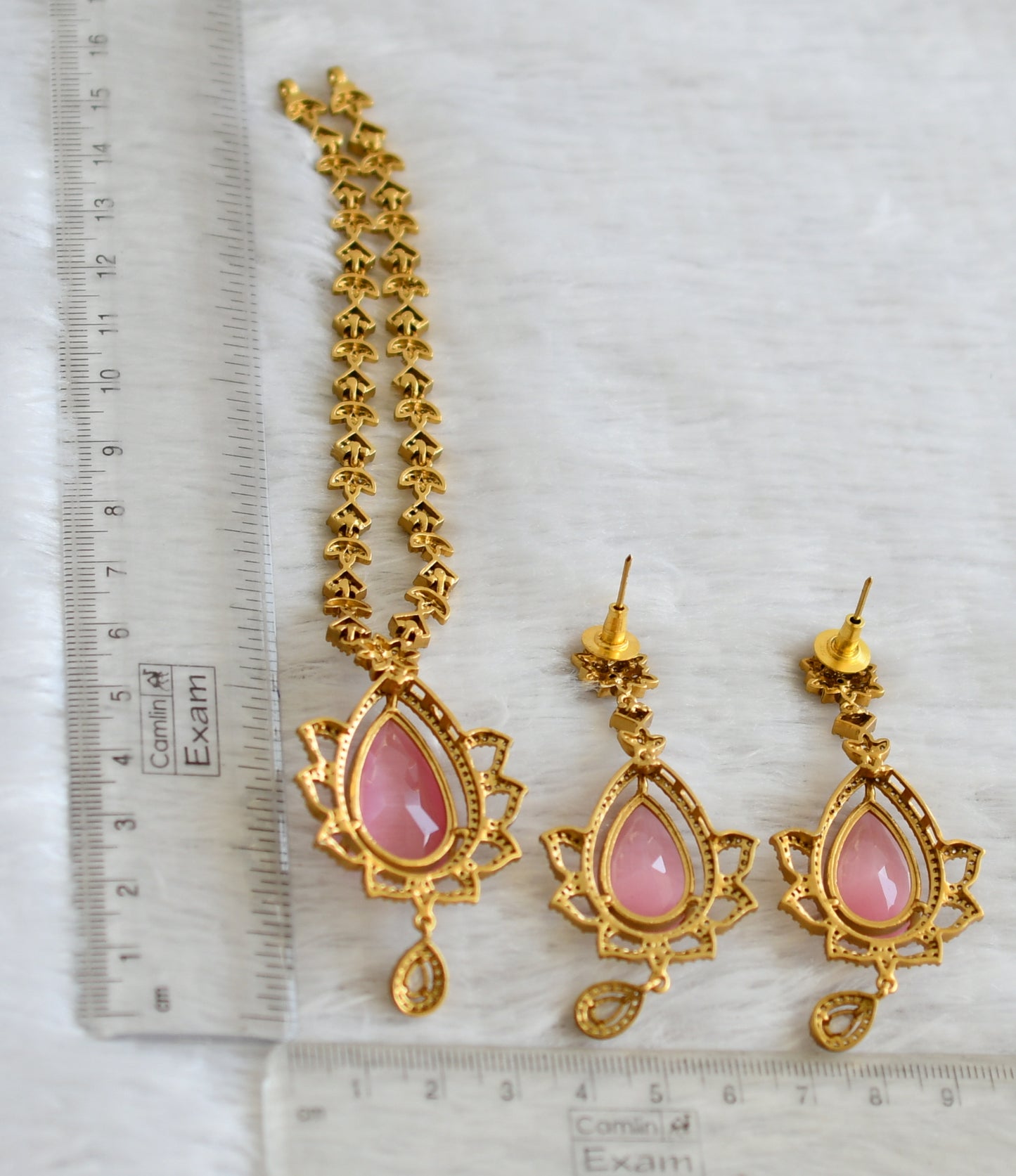 Matte finish cz-baby pink thilak stone necklace set dj-48331