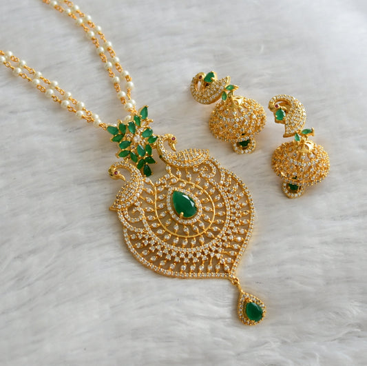 Gold tone cz white-green peacock pearl necklace set dj-46623