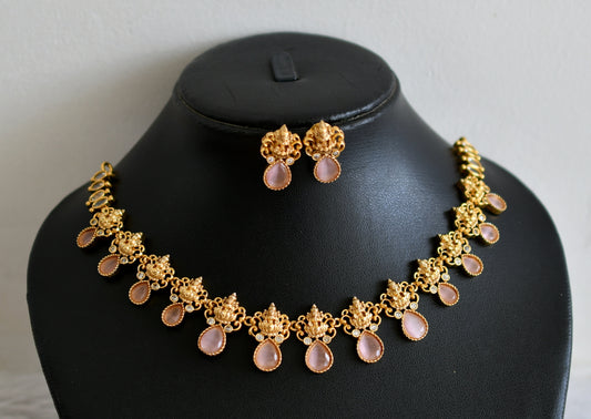Matte finish cz-baby pink lakshmi necklace set dj-48337