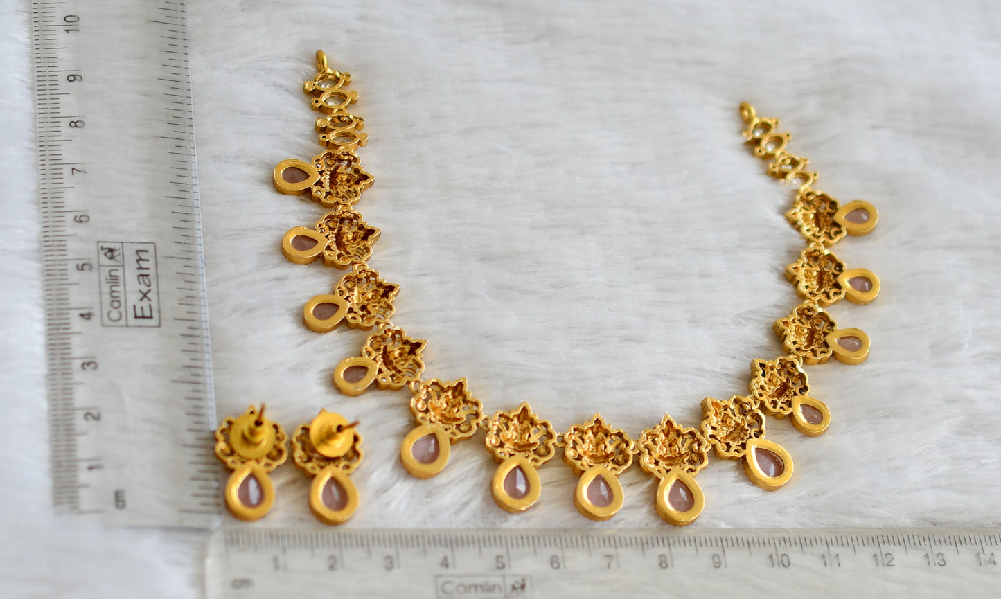 Matte finish cz-baby pink lakshmi necklace set dj-48337