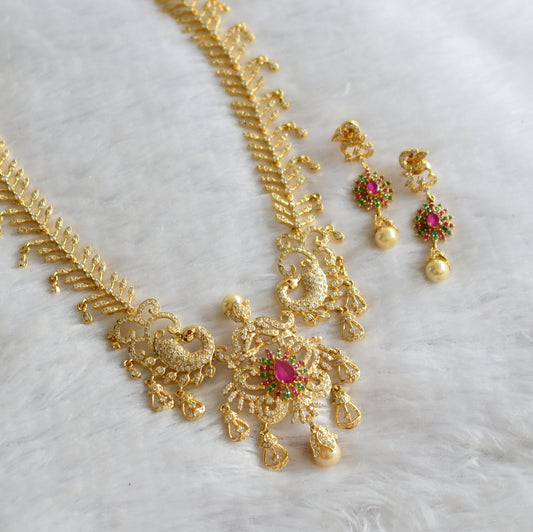 Gold tone cz ruby-green-white peacock necklace set dj-46630