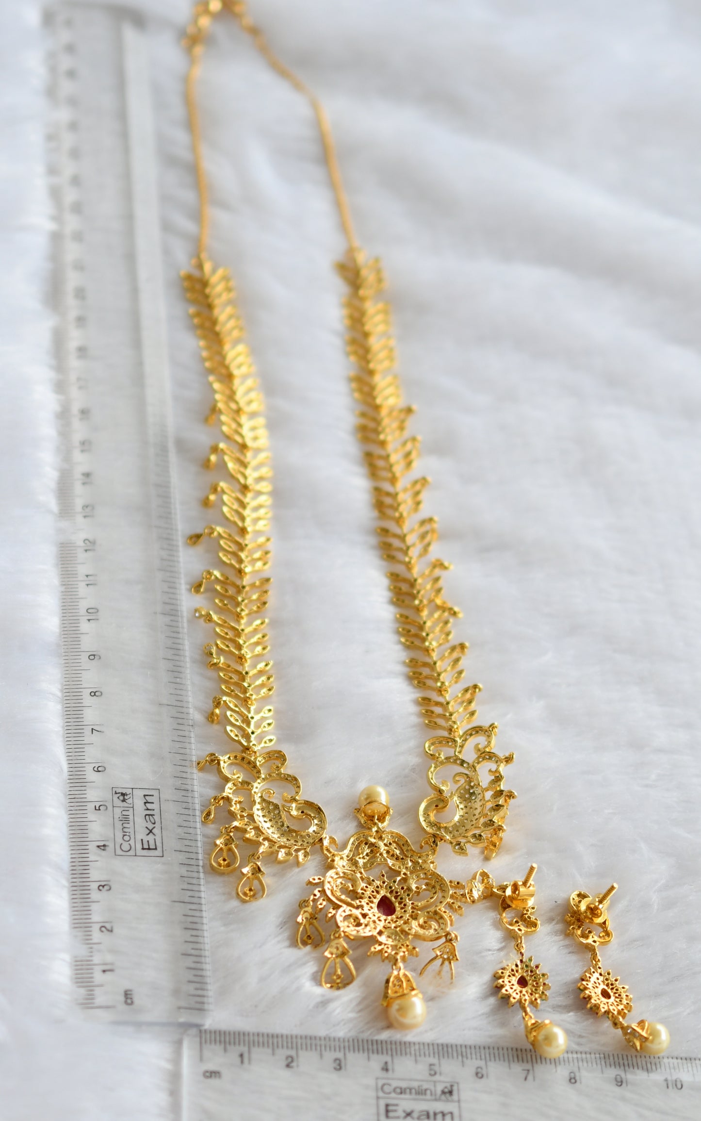 Gold tone cz ruby-green-white peacock necklace set dj-46630