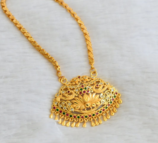 Matte gold tone 24 inches chain with ad pink-green-white peacock lotus pendant dj-50344